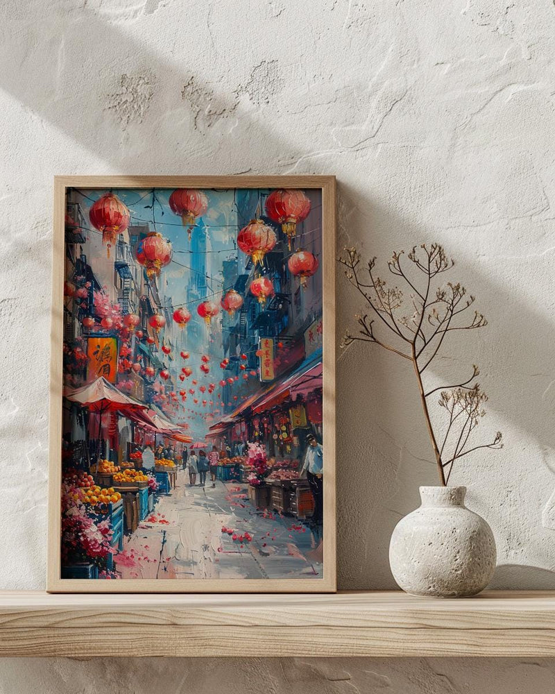 San Francisco Chinatown Poster, California Street Travel City Decor - Red Lantern Summer Market View