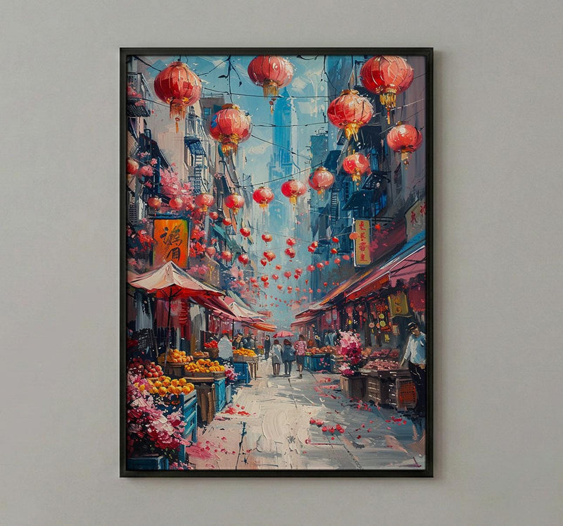 San Francisco Chinatown Poster, California Street Travel City Decor - Red Lantern Summer Market View