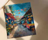 Mexico City Market Art Print, Colorful Cultural Travel Decor - Bright Papel Picado Summer Scene
