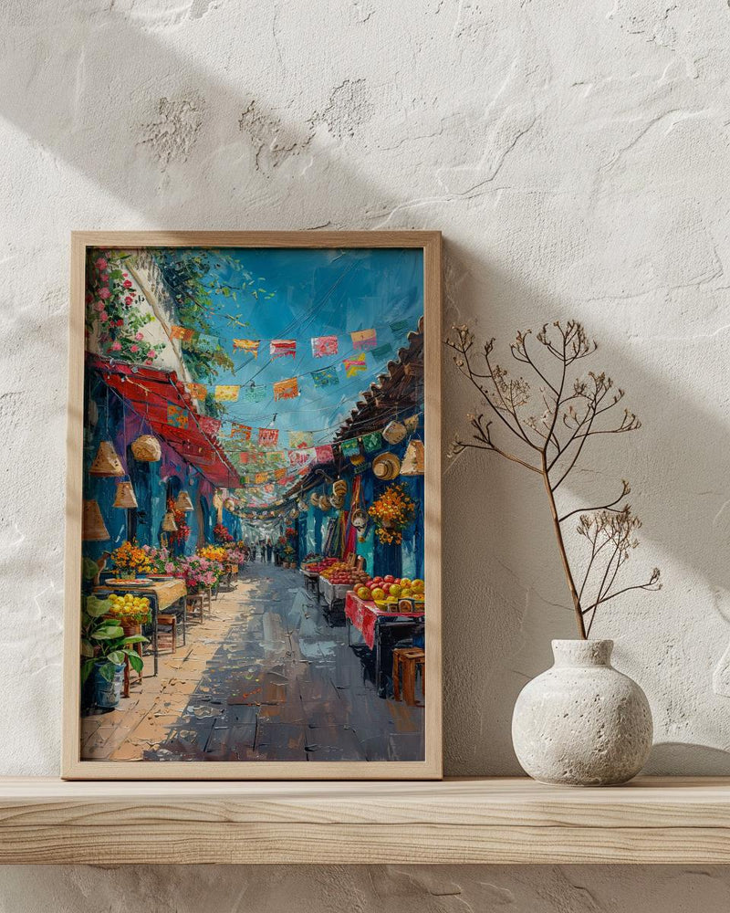 Mexico City Market Art Print, Colorful Cultural Travel Decor - Bright Papel Picado Summer Scene