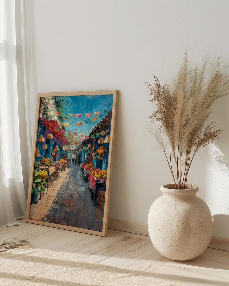 Mexico City Market Art Print, Colorful Cultural Travel Decor - Bright Papel Picado Summer Scene