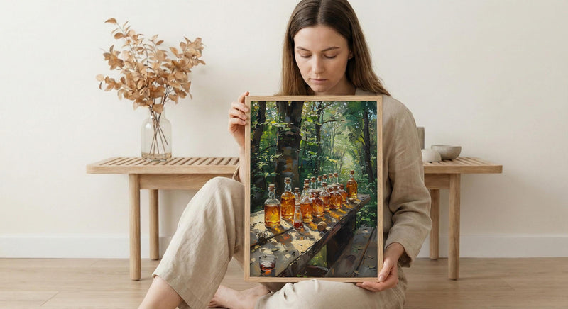 Canadian Maple Syrup Art Print, Green Forest Nature Decor - Rustic Wooden Table Summer View