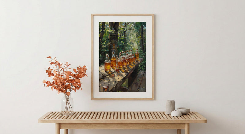 Canadian Maple Syrup Art Print, Green Forest Nature Decor - Rustic Wooden Table Summer View