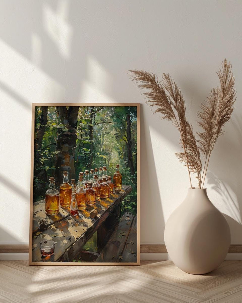 Canadian Maple Syrup Art Print, Green Forest Nature Decor - Rustic Wooden Table Summer View