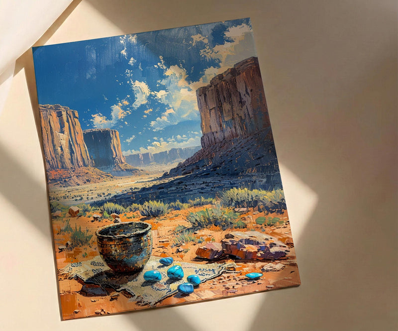 Navajo Artisan Jewelry Poster, Desert Red Rock Room Decor - Silver Turquoise Stone Summer View