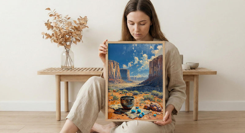 Navajo Artisan Jewelry Poster, Desert Red Rock Room Decor - Silver Turquoise Stone Summer View