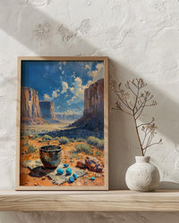 Navajo Artisan Jewelry Poster, Desert Red Rock Room Decor - Silver Turquoise Stone Summer View