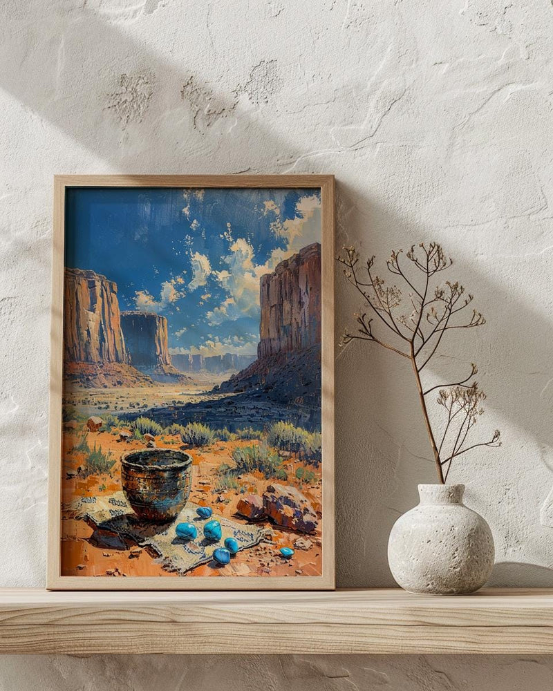 Navajo Artisan Jewelry Poster, Desert Red Rock Room Decor - Silver Turquoise Stone Summer View