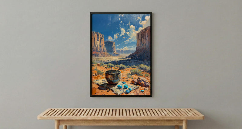 Navajo Artisan Jewelry Poster, Desert Red Rock Room Decor - Silver Turquoise Stone Summer View