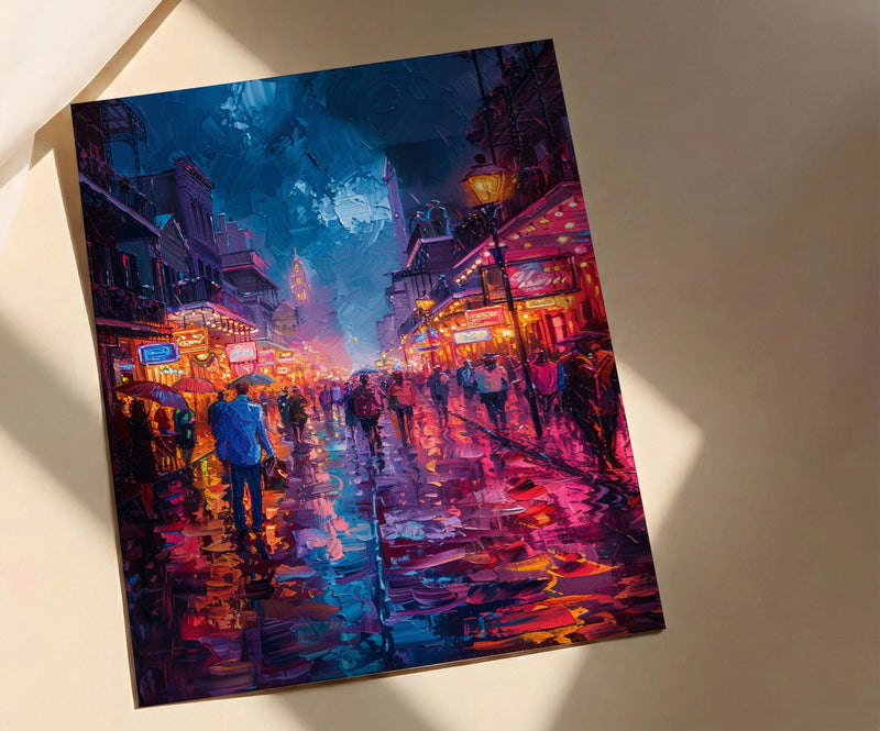 Bourbon Street Night Art Print, New Orleans Travel Decor - Glowing Neon Summer City Scene