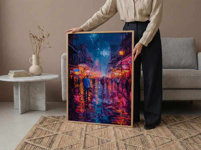 Bourbon Street Night Art Print, New Orleans Travel Decor - Glowing Neon Summer City Scene