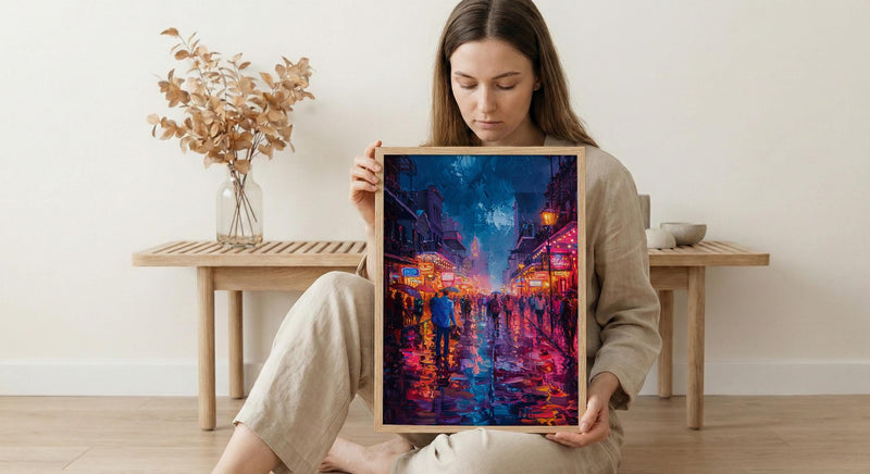 Bourbon Street Night Art Print, New Orleans Travel Decor - Glowing Neon Summer City Scene
