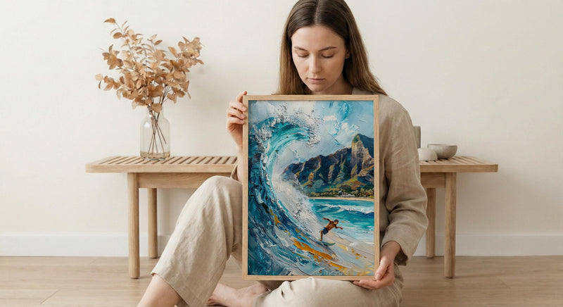 Hawaii Waikiki Beach Wall Art, Pacific Ocean Surfing Decor - Bright Blue Summer Wave Scene