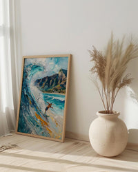 Hawaii Waikiki Beach Wall Art, Pacific Ocean Surfing Decor - Bright Blue Summer Wave Scene
