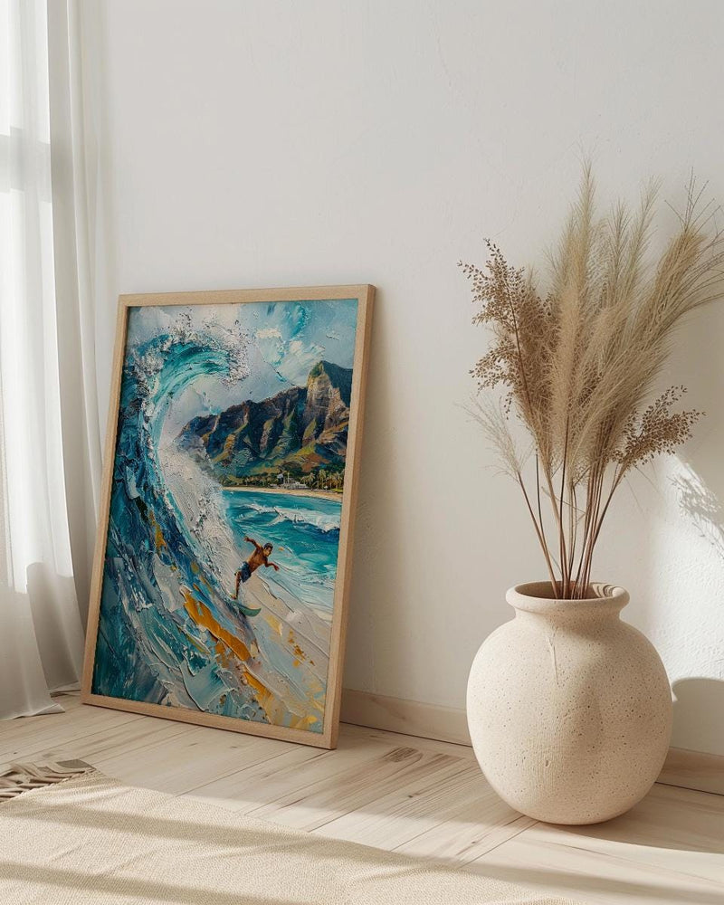 Hawaii Waikiki Beach Wall Art, Pacific Ocean Surfing Decor - Bright Blue Summer Wave Scene