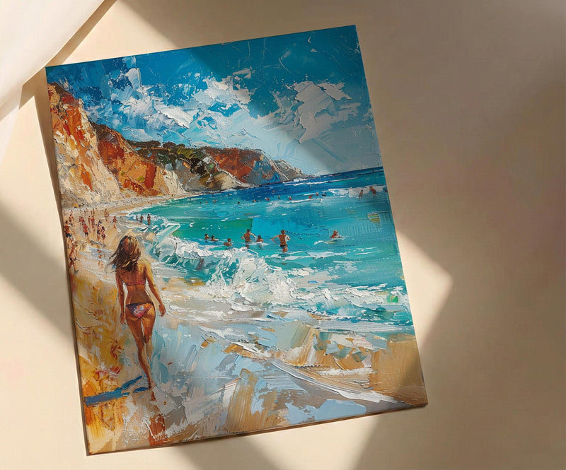 Malibu California Wall Art, Golden Coastal Ocean Beach Decor - Bright Crashing Summer Surf View