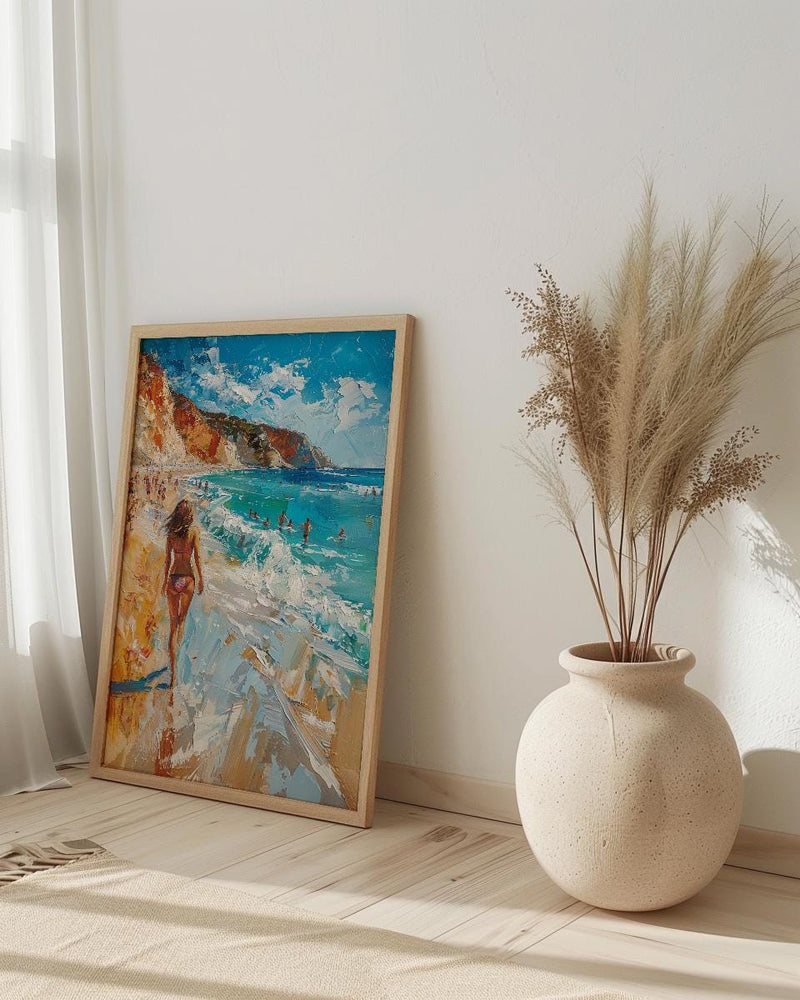 Malibu California Wall Art, Golden Coastal Ocean Beach Decor - Bright Crashing Summer Surf View