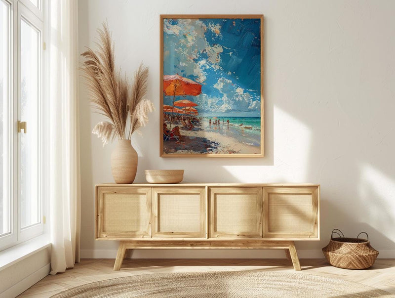 Florida Clearwater Beach Art Print, Pristine White Sand Decor - Colorful Umbrella Summer Ocean Scene
