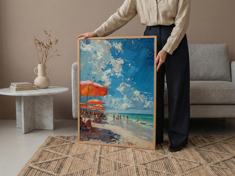Florida Clearwater Beach Art Print, Pristine White Sand Decor - Colorful Umbrella Summer Ocean Scene