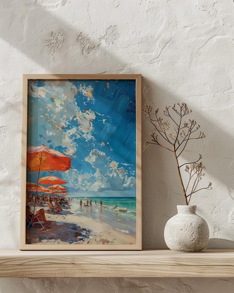 Florida Clearwater Beach Art Print, Pristine White Sand Decor - Colorful Umbrella Summer Ocean Scene