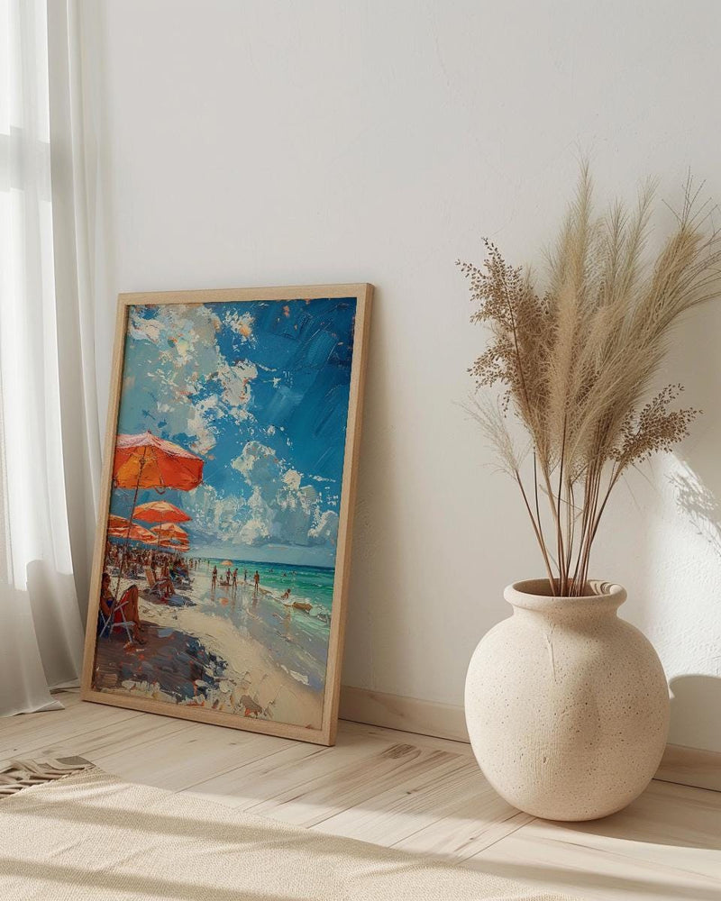 Florida Clearwater Beach Art Print, Pristine White Sand Decor - Colorful Umbrella Summer Ocean Scene