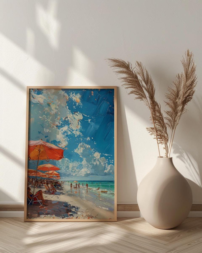 Florida Clearwater Beach Art Print, Pristine White Sand Decor - Colorful Umbrella Summer Ocean Scene