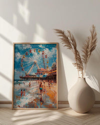 Santa Monica Pier Poster, Lively California Coast City Decor - Giant Ferris Wheel Summer Vibe