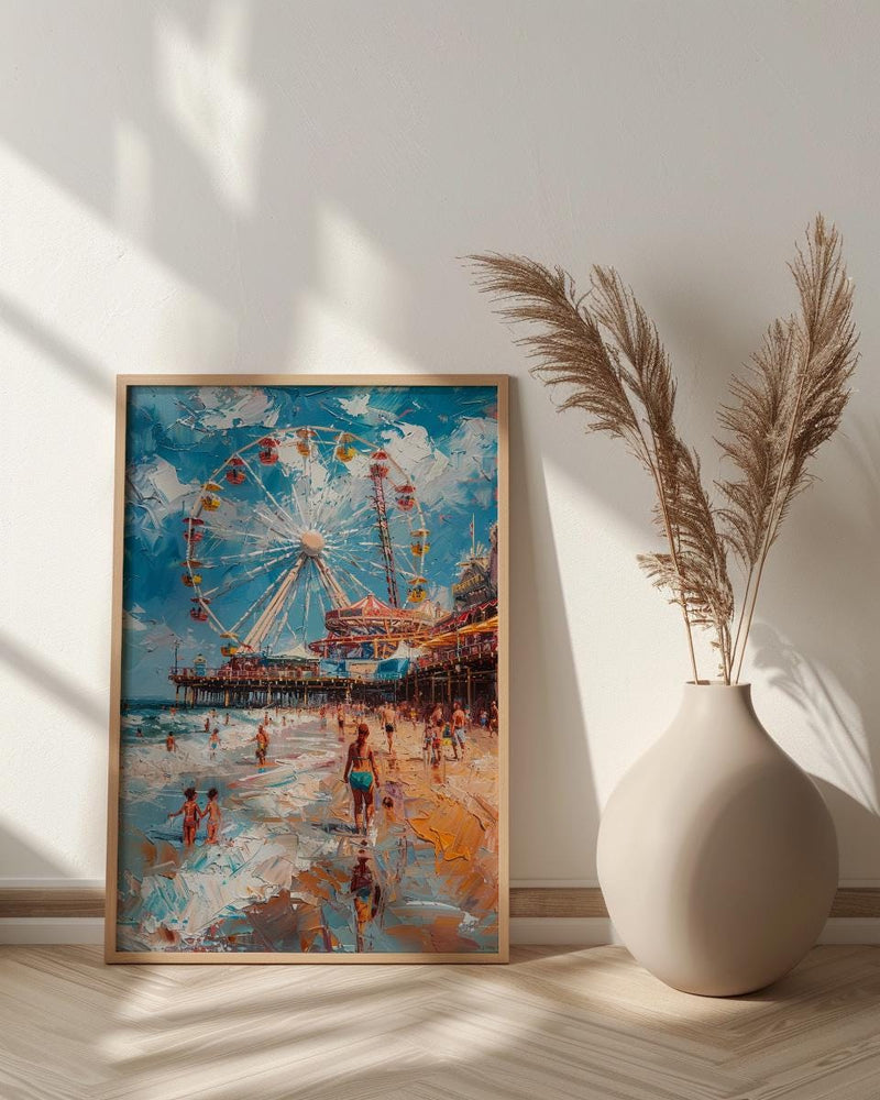Santa Monica Pier Poster, Lively California Coast City Decor - Giant Ferris Wheel Summer Vibe