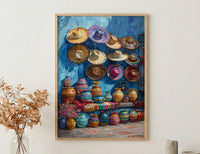 Mexican Artisan Market Poster, Colorful Cultural Travel Home Decor - Woven Blanket Sombrero Scene