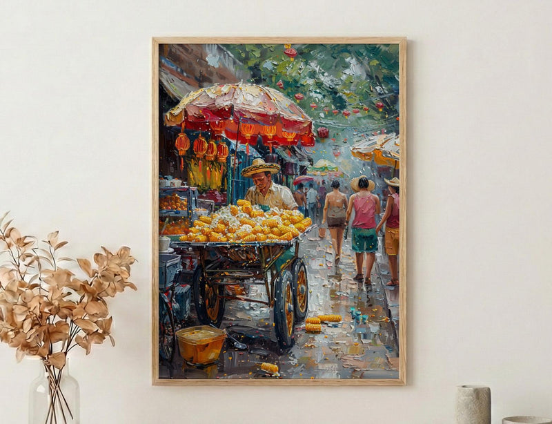 Mexican Street Corn Art Print, Colorful Summer Food Decor - Vibrant Elote Cart City View