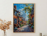 Boston Beacon Hill Art Print, Historic Cobblestone Street Decor - Charming Brick House Summer