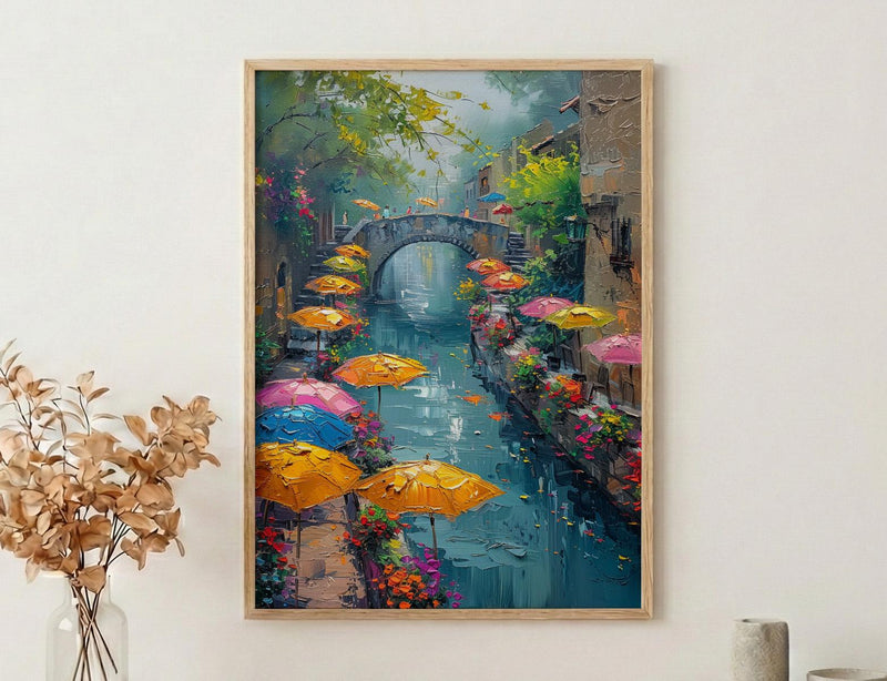 San Antonio River Walk Wall Art, Texas Travel Decor - Colorful Umbrella Summer Afternoon