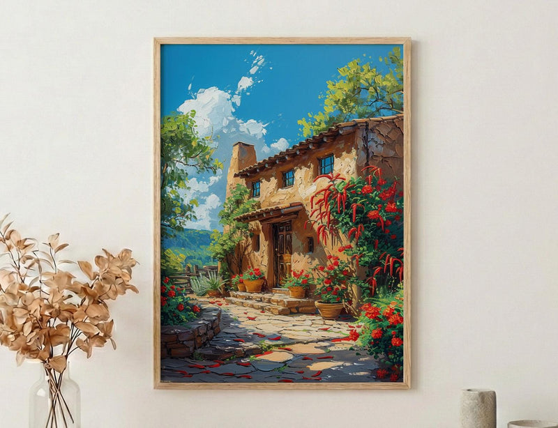 Santa Fe Adobe House Poster, New Mexico Travel Decor - Red Chili Bright Summer