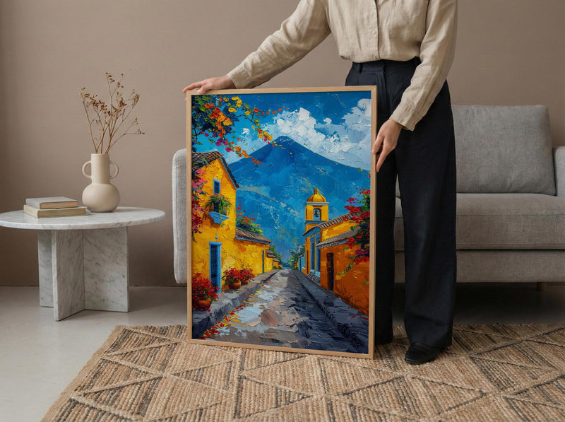Antigua Guatemala Volcano Poster, Yellow Arch City Decor - Majestic Summer Morning Landscape Art