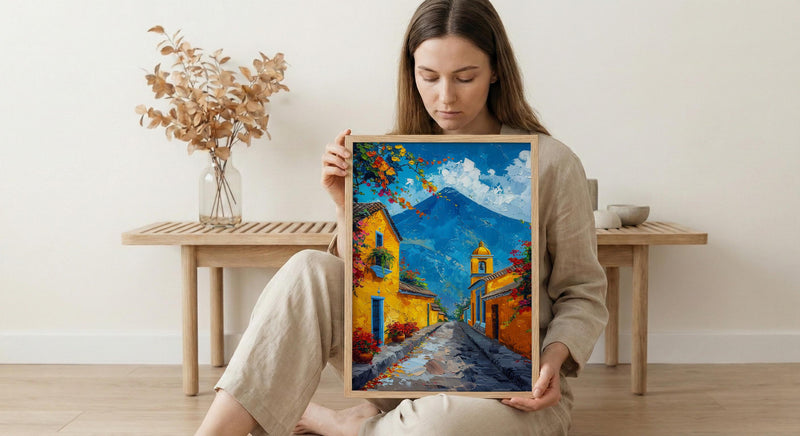 Antigua Guatemala Volcano Poster, Yellow Arch City Decor - Majestic Summer Morning Landscape Art