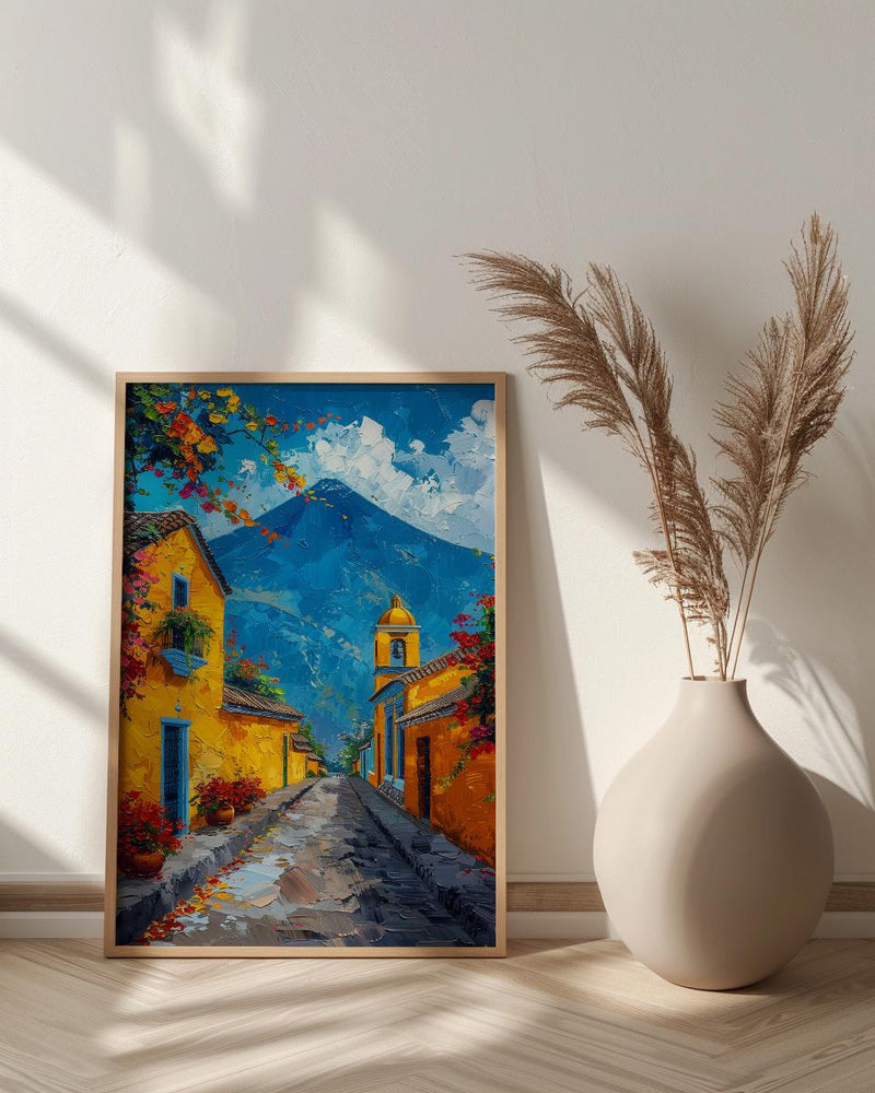 Antigua Guatemala Volcano Poster, Yellow Arch City Decor - Majestic Summer Morning Landscape Art