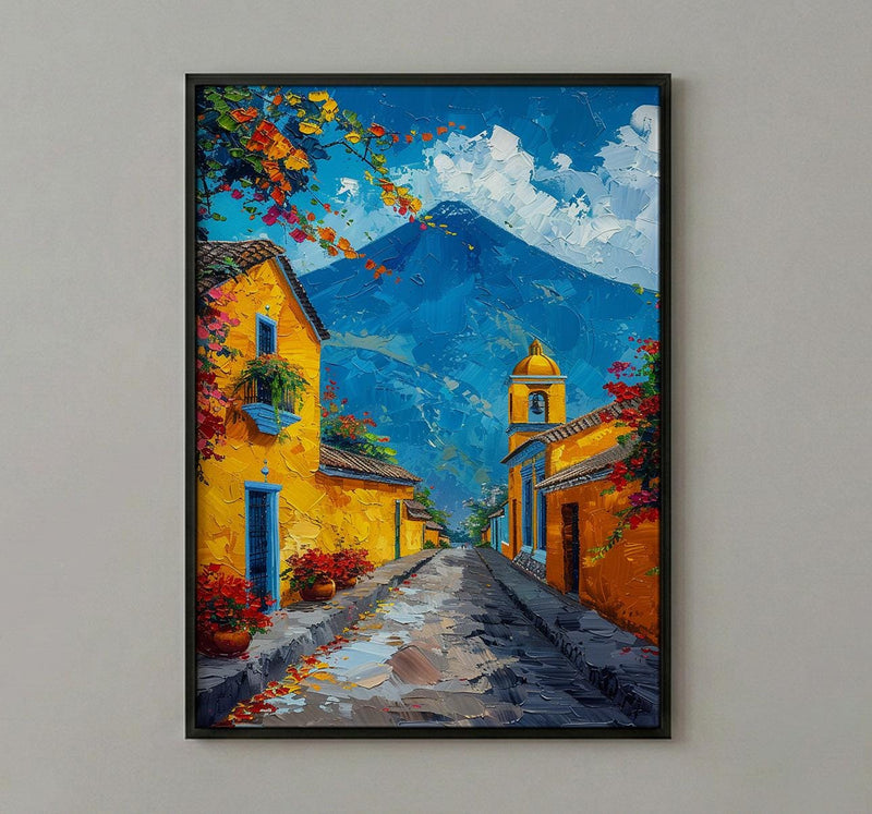Antigua Guatemala Volcano Poster, Yellow Arch City Decor - Majestic Summer Morning Landscape Art