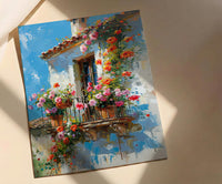 Colonial Balcony Art Print, Wrought Iron Floral Decor - Terracotta Pot Vibrant Summer Flower