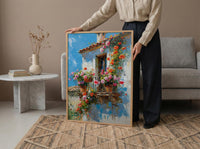 Colonial Balcony Art Print, Wrought Iron Floral Decor - Terracotta Pot Vibrant Summer Flower