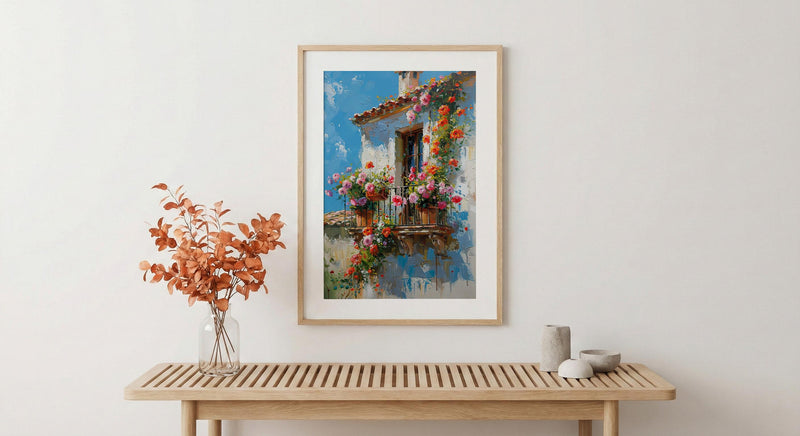 Colonial Balcony Art Print, Wrought Iron Floral Decor - Terracotta Pot Vibrant Summer Flower
