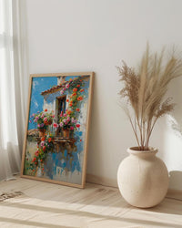 Colonial Balcony Art Print, Wrought Iron Floral Decor - Terracotta Pot Vibrant Summer Flower