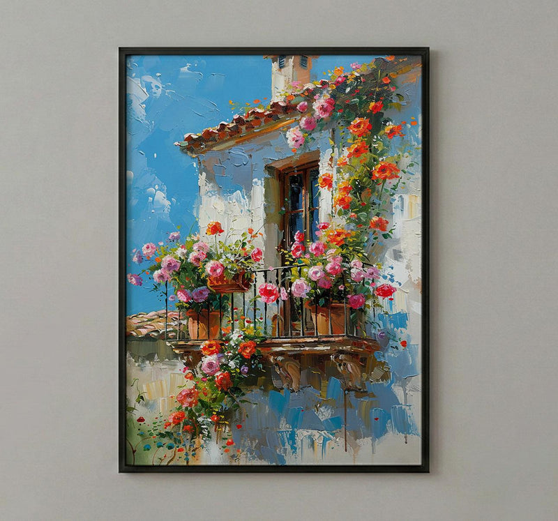 Colonial Balcony Art Print, Wrought Iron Floral Decor - Terracotta Pot Vibrant Summer Flower