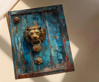 Antique Wooden Door Wall Art, Colonial Street Decor - Brass Lion Knocker Summer Shadow
