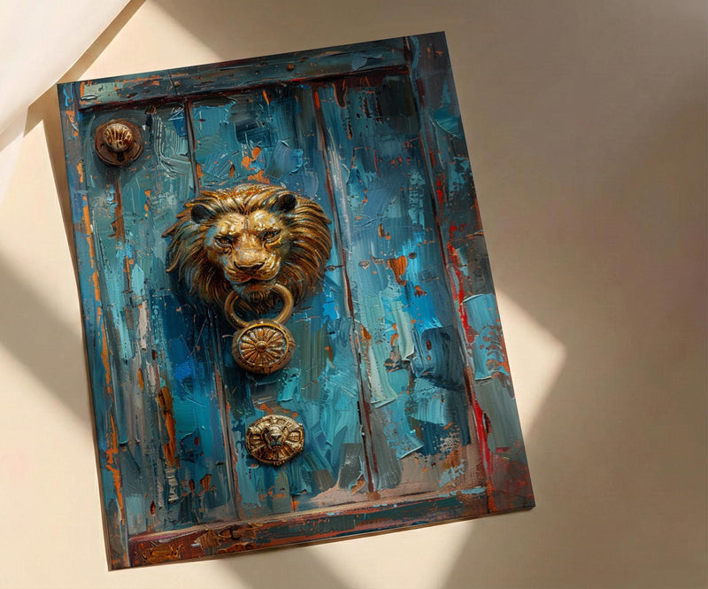 Antique Wooden Door Wall Art, Colonial Street Decor - Brass Lion Knocker Summer Shadow