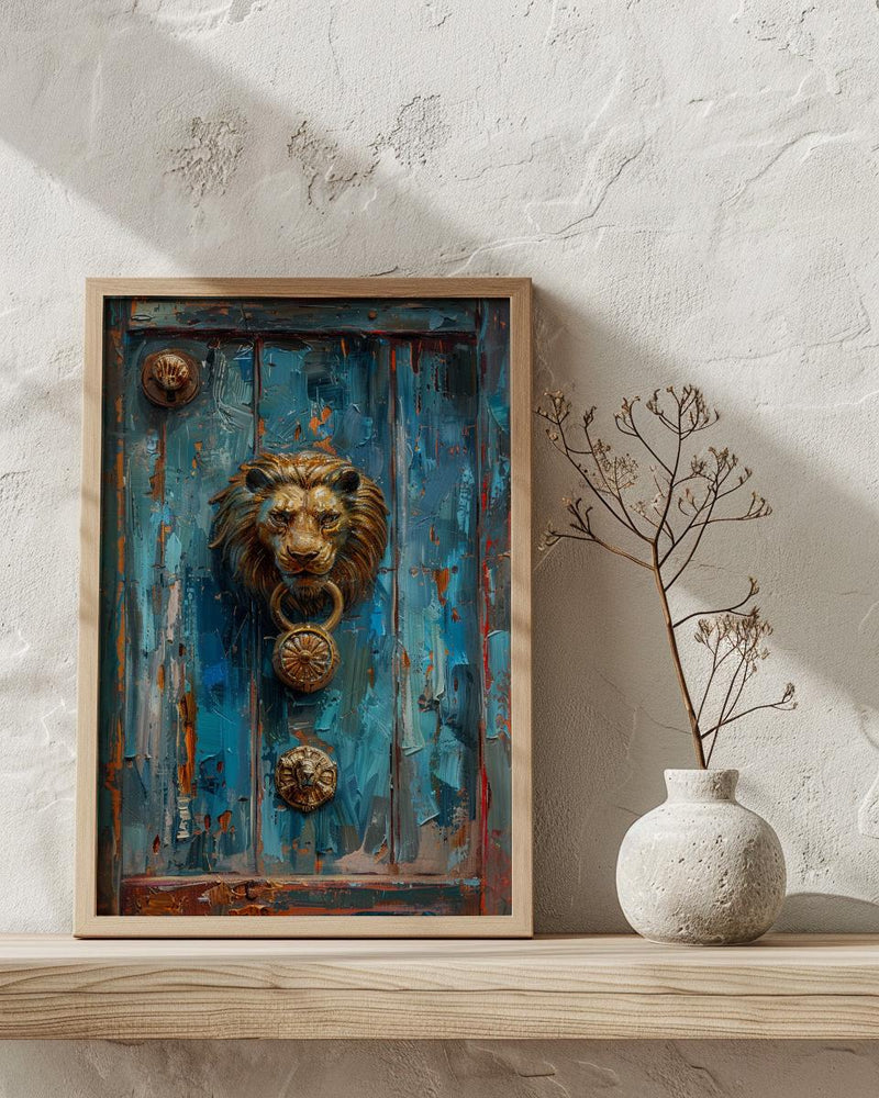 Antique Wooden Door Wall Art, Colonial Street Decor - Brass Lion Knocker Summer Shadow