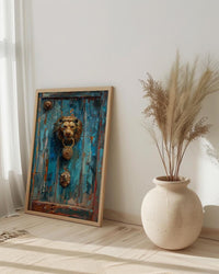 Antique Wooden Door Wall Art, Colonial Street Decor - Brass Lion Knocker Summer Shadow