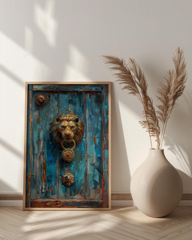 Antique Wooden Door Wall Art, Colonial Street Decor - Brass Lion Knocker Summer Shadow