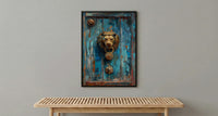 Antique Wooden Door Wall Art, Colonial Street Decor - Brass Lion Knocker Summer Shadow