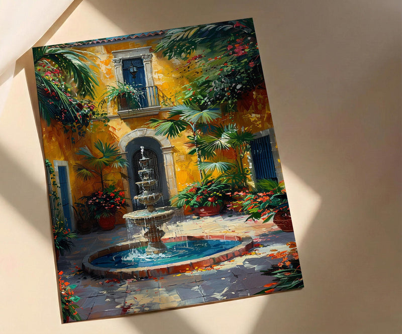Sunlit Colonial Courtyard Poster, Mexican Hacienda Home Decor - Stone Fountain Tropical Plant Summer