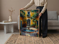 Sunlit Colonial Courtyard Poster, Mexican Hacienda Home Decor - Stone Fountain Tropical Plant Summer